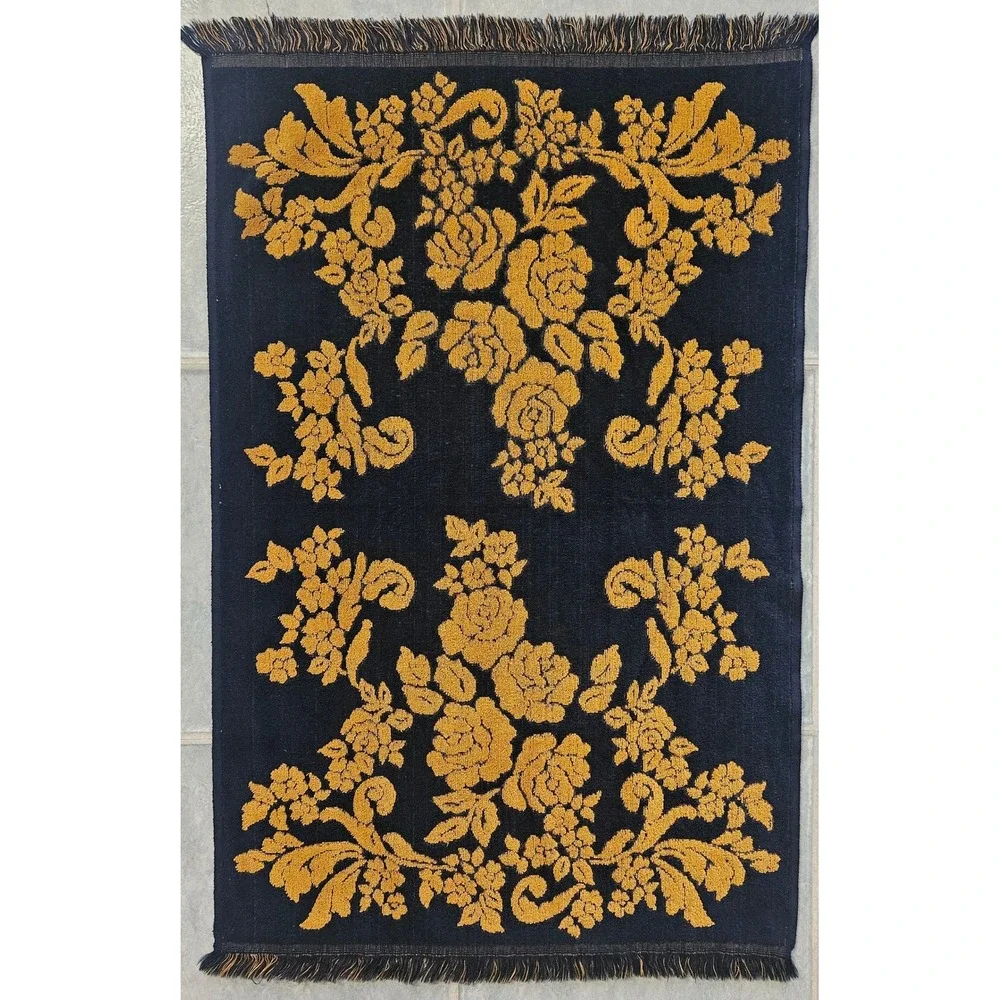 Vintage Fieldcrest Floral Rose Bath Towel Black Gold Fringed Reversible 25x40